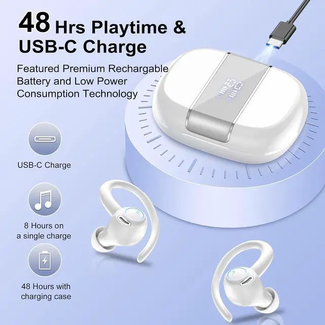 Alt view image 4 of 7 - Wireless Earbuds Bluetooth 5.3 Headphones Sports, 48Hrs Playtime Bluetooth Earbuds with CVC 8.0 Mic, 2025 Stereo Bass Over Ear Bud with Earhooks, LED Display, IP7 Waterproof Earphon for Running White