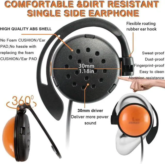 Alt view image 3 of 7 - EXMAX SE-55 Foamless Wired Single Headphone 3.5mm Ear-Hook Headphone Big Large Speaker Style for EXD-101 EX-200N ELGT-470 Wireless Tour Guide Receiver Podcast Laptop (Left-Side Earphone, 3 Pack)