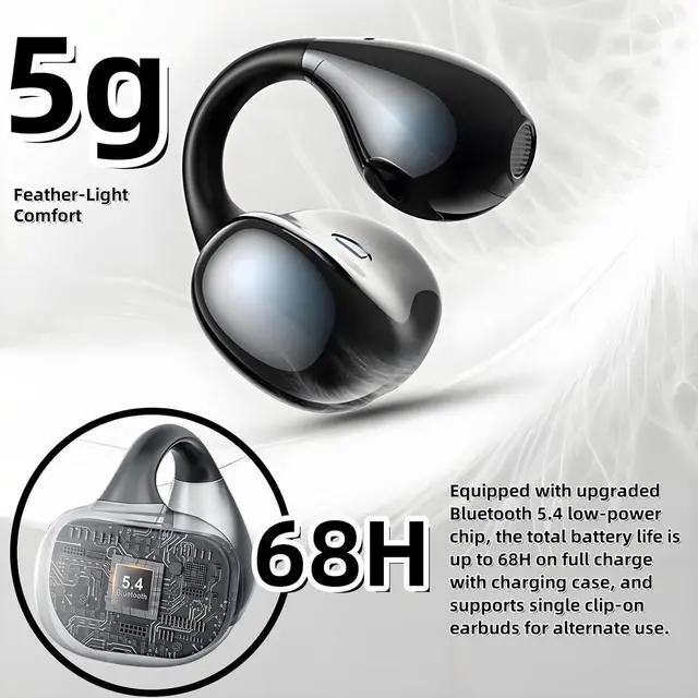 Alt view image 2 of 7 - Open Ear Earbuds Wireless Clip On Headphones,5g Light Comfort Omni Tap Control Powerful Sound 68H Play Bluetooth 5.4 Dual Device Sync AI Clear Calls IPX5 Waterproof for Small Ears Sports Work Black