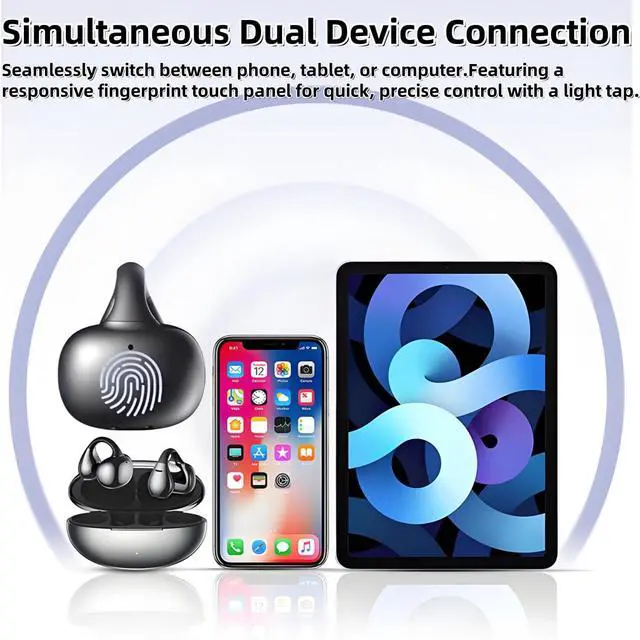 Alt view image 6 of 7 - Open Ear Earbuds Wireless Clip On Headphones,5g Light Comfort Omni Tap Control Powerful Sound 68H Play Bluetooth 5.4 Dual Device Sync AI Clear Calls IPX5 Waterproof for Small Ears Sports Work Black