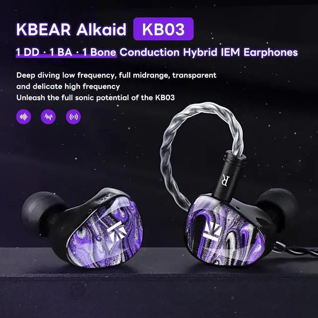 Alt view image 2 of 7 - KBEAR Alkaid KB03 in Ear Monitor Headphones, Wired Gaming Earbuds 1DD 1BA 1Bone Conduction Hybrid IEM Earphones, Beryllium-Coated Dynamic, 3D Printed Resin Cavity in Ear Monitor for Musician, Purple
