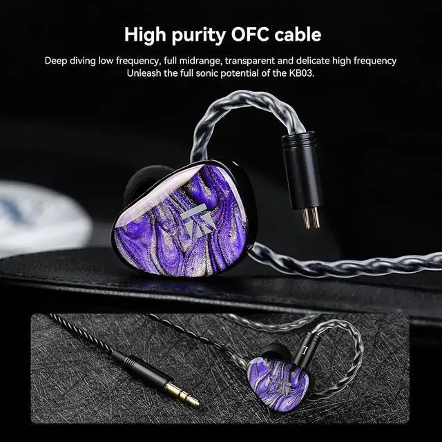 Alt view image 7 of 7 - KBEAR Alkaid KB03 in Ear Monitor Headphones, Wired Gaming Earbuds 1DD 1BA 1Bone Conduction Hybrid IEM Earphones, Beryllium-Coated Dynamic, 3D Printed Resin Cavity in Ear Monitor for Musician, Purple