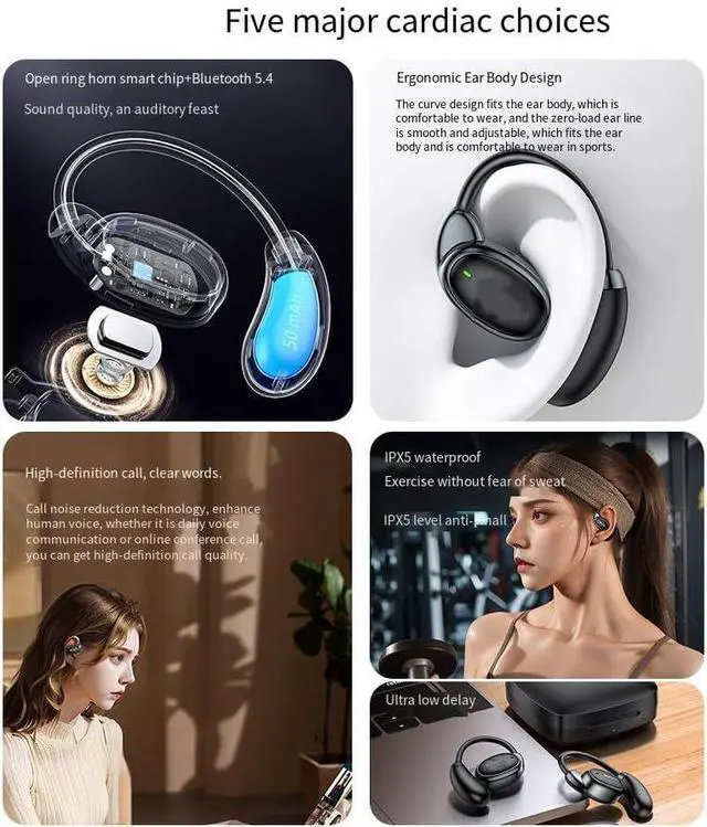 Alt view image 7 of 7 - Ultra Open-Ear-Headphones Wireless Bluetooth 5.4 - Ergonomic Pro Air Conduction Earbuds with Soft, Airy Silicone Design, Over-The-Ear Buds with Ear Hooks for Running/Sports/Fitness /Workouts, Black