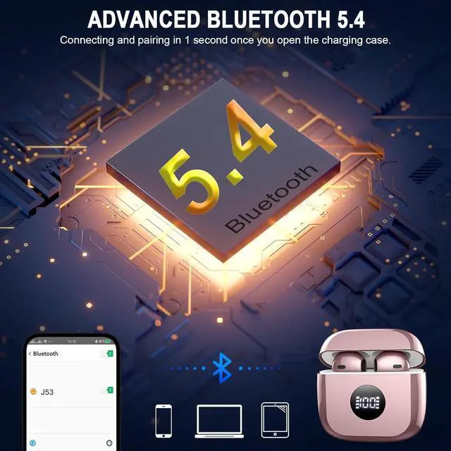 Alt view image 2 of 7 - Wireless Bluetooth 5.4 Earbuds, Ear Buds LED Power Display Headphones 6D Stereo, Bluetooth Earbuds in-Ear Noise Cancelling Mic, 40H Playback Mini Case IP7 Waterproof Sports Earphones for Android iOS