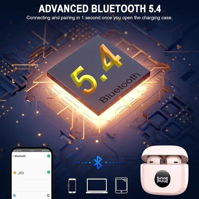 Alt view image 2 of 7 - Wireless Bluetooth 5.4 Earbuds, Ear Buds LED Power Display Headphones 6D Stereo, Bluetooth Earbuds in-Ear Noise Cancelling Mic, 40H Playback Mini Case IP7 Waterproof Sports Earphones for Android iOS