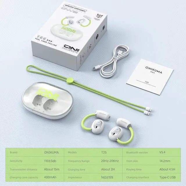 Alt view image 2 of 7 - Sports Earbuds with Earhooks and Removable Neck Strap  Bluetooth 5.4 Wireless Running Earbuds for Workout and Gym, Secure Fit Sport Headphone with Type-C Charging Case (White)