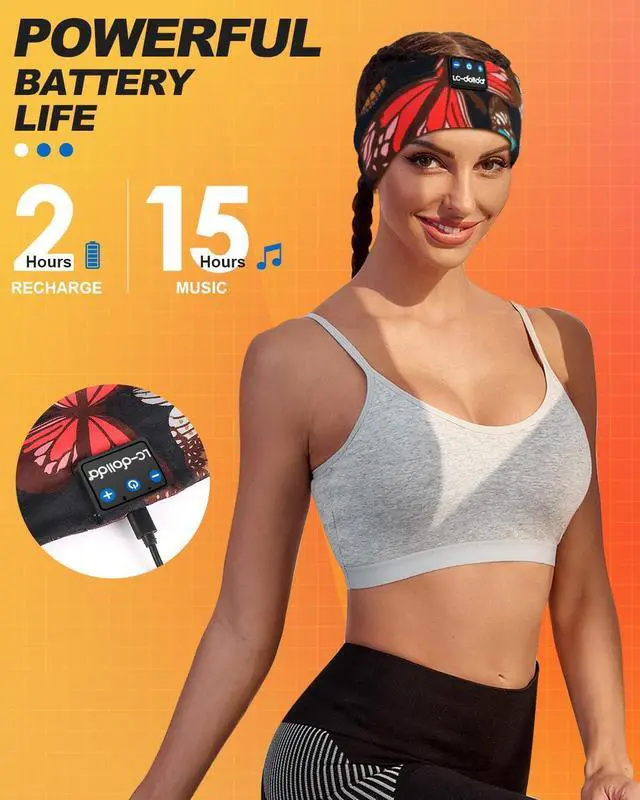 Alt view image 6 of 7 - LC-dolida Sleep Headphones Headband Bluetooth 5.4, Sports Headband Earphones Wireless with Speaker Microphone USB C for Women Sleeping Gift Workout Jogging Yoga Insomnia Travel Meditation, Butterfly