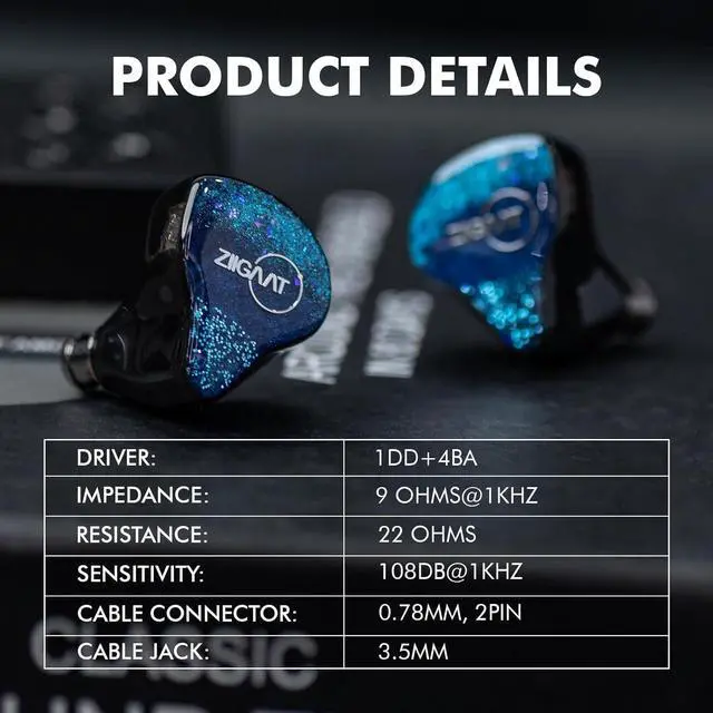 Alt view image 2 of 7 - Linsoul ZiiGaat x Fresh Reviews Arete in Ear Monitor, 1DD+4BA Hybrid Earphone IEM (Blue) Tripowin Zonie IEM Cable, 2m Long Earbud Cord, 16 Core Silver Plated Earphone Cable(2Pin)