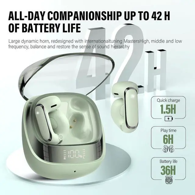 Alt view image 4 of 7 - Wireless Earbuds, Bluetooth 5.4 Headphones Sport, Clip Ear Buds with 4 HD Mic, 42H, Wireless Earphone with Earhooks, Stereo Deep Bass, IP7 Waterproof Ear Bud for Workout, Green