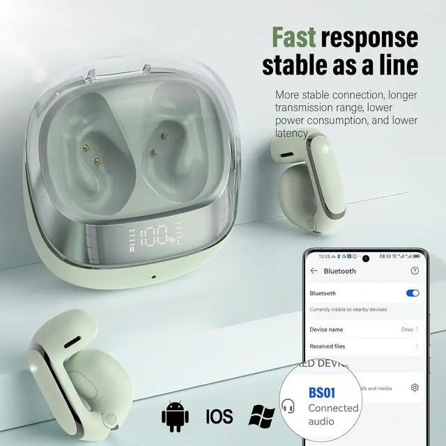 Alt view image 6 of 7 - Wireless Earbuds, Bluetooth 5.4 Headphones Sport, Clip Ear Buds with 4 HD Mic, 42H, Wireless Earphone with Earhooks, Stereo Deep Bass, IP7 Waterproof Ear Bud for Workout, Green