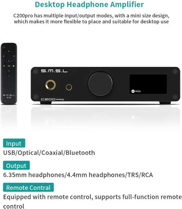 Alt view image 3 of 7 - SMSL C200PRO MQA DAC Headphone Amplifier ES9039Q2M & XMOS XU-316 HiFi Amp DSD512/32Bit/768kHz BT 5.1 (LDAC/aptX-HD) USB/Opt/Coaxial Input 4.4mm/6.35mm/RCA Output for PS5/PC/SW