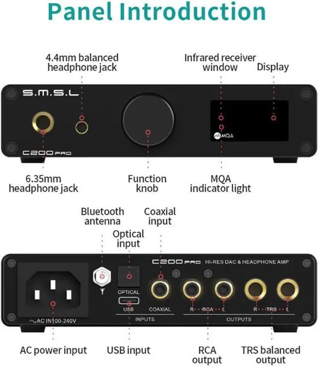 Alt view image 4 of 7 - SMSL C200PRO MQA DAC Headphone Amplifier ES9039Q2M & XMOS XU-316 HiFi Amp DSD512/32Bit/768kHz BT 5.1 (LDAC/aptX-HD) USB/Opt/Coaxial Input 4.4mm/6.35mm/RCA Output for PS5/PC/SW