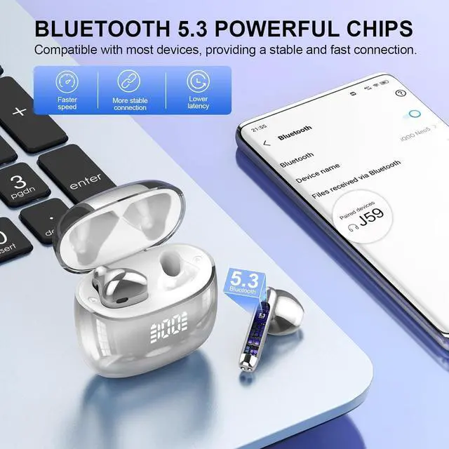 Alt view image 5 of 7 - Wireless Earbuds, Bluetooth Headphones 48H Playtime Ear Buds with LED Power Display, IPX7 Waterproof Bluetooth 5.4 Earphones in-Ear Earbuds with 4 Mic for Android iOS Cell Phone Laptop, Silver