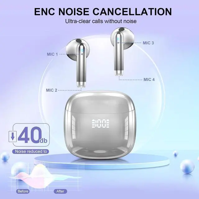Alt view image 6 of 7 - Wireless Earbuds, Bluetooth Headphones 48H Playtime Ear Buds with LED Power Display, IPX7 Waterproof Bluetooth 5.4 Earphones in-Ear Earbuds with 4 Mic for Android iOS Cell Phone Laptop, Silver