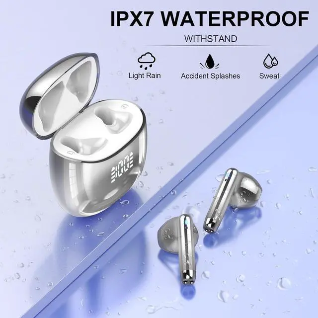 Alt view image 7 of 7 - Wireless Earbuds, Bluetooth Headphones 48H Playtime Ear Buds with LED Power Display, IPX7 Waterproof Bluetooth 5.4 Earphones in-Ear Earbuds with 4 Mic for Android iOS Cell Phone Laptop, Silver