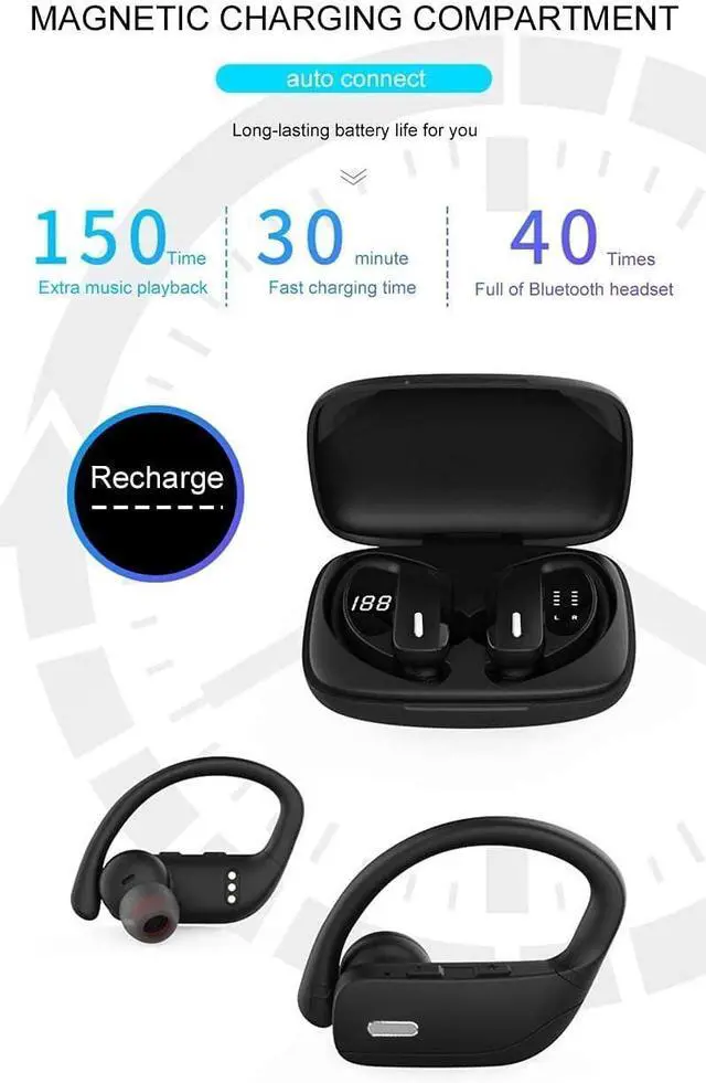 Alt view image 5 of 7 - Wireless Earbuds Bluetooth Headphones, IPX7 Waterproof Stereo Sport Earhook Headphones in-Ear with Mic,Noise Cancelling Headsets Touch Control,LED Digital Display