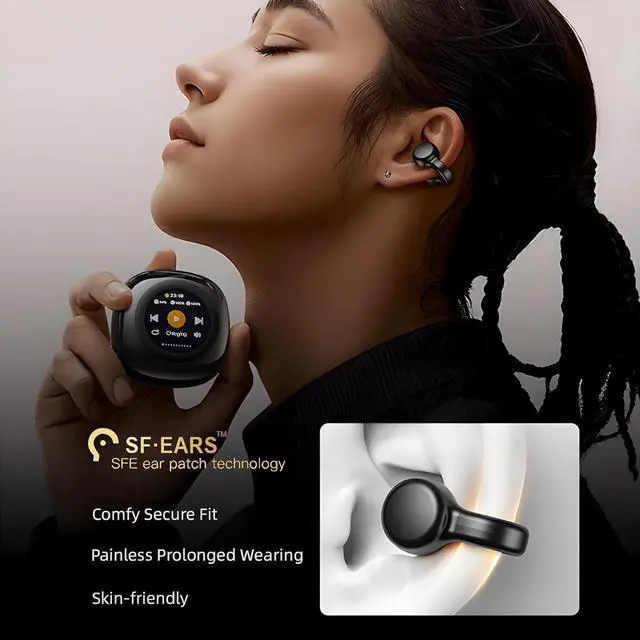 Alt view image 3 of 7 - Echopals Ear Clip Wireless Earbuds, Multi-Functional Touch Screen Display, 13mm Speakers with Dynamic Sound, 4Hr Single Play and 20Hr with Case, TF Card Support Local Music Play (Beige)