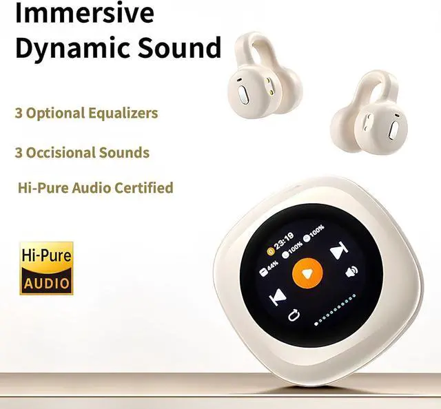 Alt view image 4 of 7 - Echopals Ear Clip Wireless Earbuds, Multi-Functional Touch Screen Display, 13mm Speakers with Dynamic Sound, 4Hr Single Play and 20Hr with Case, TF Card Support Local Music Play (Beige)