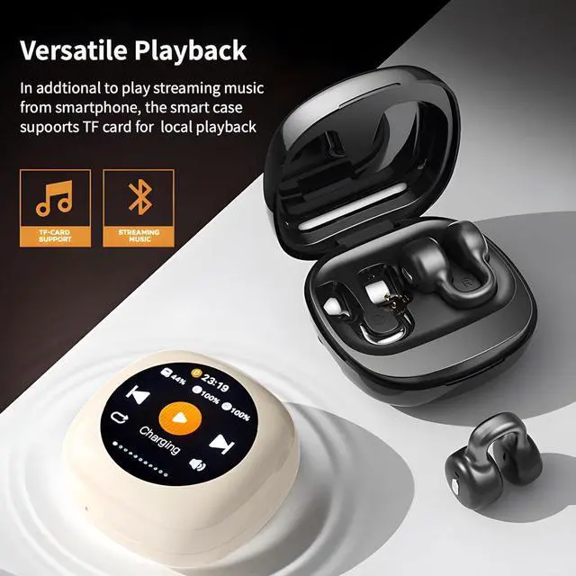 Alt view image 6 of 7 - Echopals Ear Clip Wireless Earbuds, Multi-Functional Touch Screen Display, 13mm Speakers with Dynamic Sound, 4Hr Single Play and 20Hr with Case, TF Card Support Local Music Play (Beige)