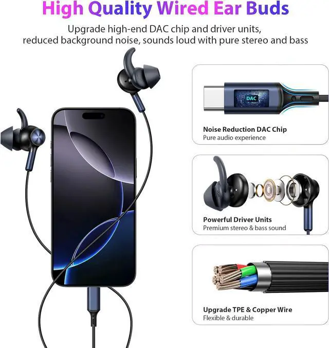 Alt view image 5 of 7 - 2-Pack USB-C Headphones for Samsung Galaxy S25 S24 S23 S22 S21 A53 A54 A55, Sport in-Ear Headphones Type C Wired Earbuds