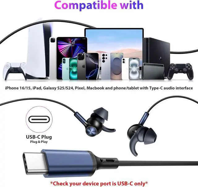 Alt view image 7 of 7 - 2-Pack USB-C Headphones for Samsung Galaxy S25 S24 S23 S22 S21 A53 A54 A55, Sport in-Ear Headphones Type C Wired Earbuds