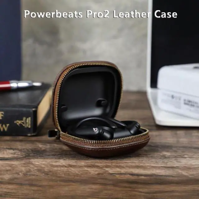 Alt view image 2 of 7 - Genuine Leather Case for Powerbeats Pro2 with Keychain, Durable Shockproof Full Protective Case Cover Compatible with Powerbeats Pro2 2025 Bluetooth Earbuds, Support Wireless Charging Coffee