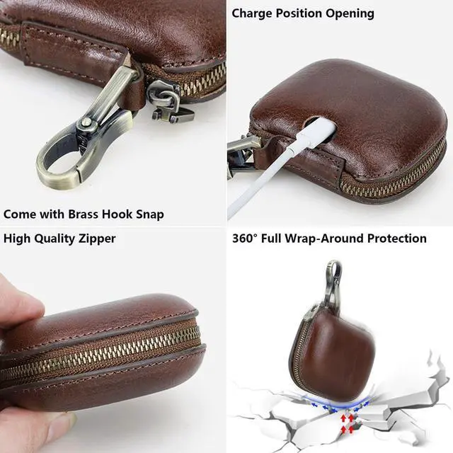 Alt view image 3 of 7 - Genuine Leather Case for Powerbeats Pro2 with Keychain, Durable Shockproof Full Protective Case Cover Compatible with Powerbeats Pro2 2025 Bluetooth Earbuds, Support Wireless Charging Coffee