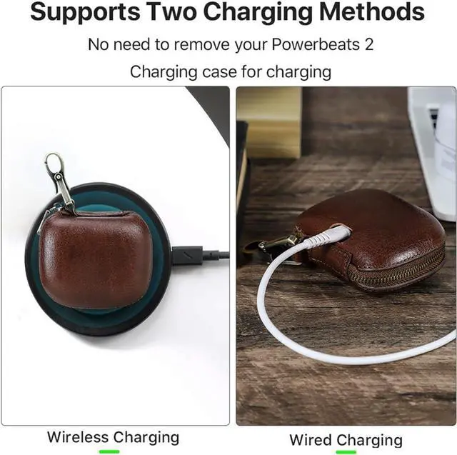 Alt view image 5 of 7 - Genuine Leather Case for Powerbeats Pro2 with Keychain, Durable Shockproof Full Protective Case Cover Compatible with Powerbeats Pro2 2025 Bluetooth Earbuds, Support Wireless Charging Coffee