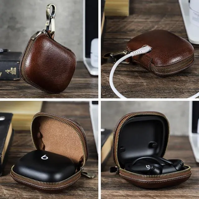 Alt view image 7 of 7 - Genuine Leather Case for Powerbeats Pro2 with Keychain, Durable Shockproof Full Protective Case Cover Compatible with Powerbeats Pro2 2025 Bluetooth Earbuds, Support Wireless Charging Coffee