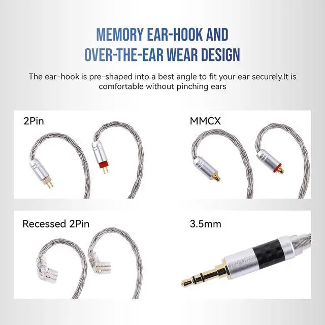 Alt view image 6 of 6 - Tripowin Zonie IEM Cable 2m Long Earbud Cord 16 Core Silver Plated Earphone Cable in Ear Monitor Wire for Audiophile Musician (Recessed 2Pin)