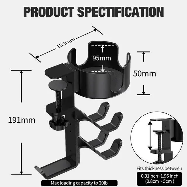 Alt view image 3 of 5 - 3 in 1 Headphone Hanger with Desk Cup Holder, Controller Holder, Headphone Stand Headset, Under Desk Clamp Rotatable Aluminum Alloy Stand Hook, Suitable for Coffee Mups, Water Cups, Headphones
