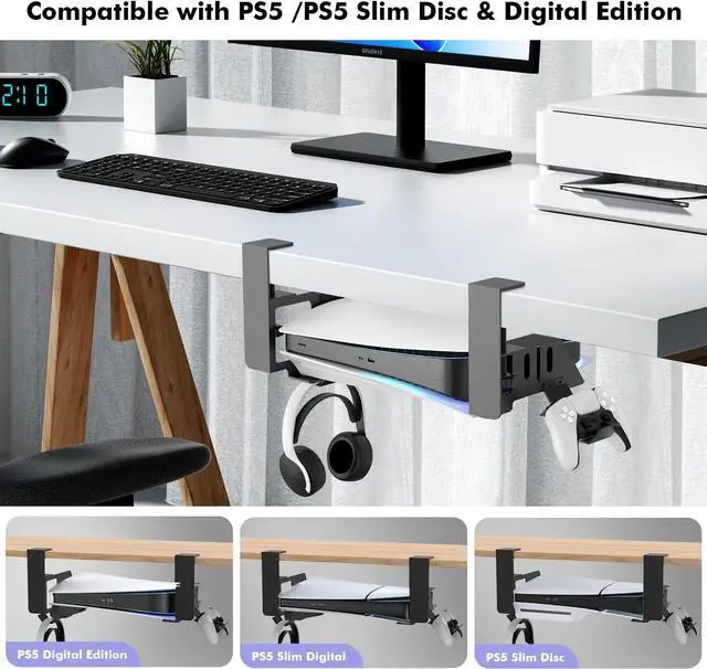 Alt view image 2 of 7 - 3 in 1 Headphone Hanger with Game Console Stand, Controller Holder, Headphone Stand Headset, Under Desk Clamp Rotatable Aluminum Alloy Holder Hook, Suitable for Coffee Mups, Water Cups, Headphones