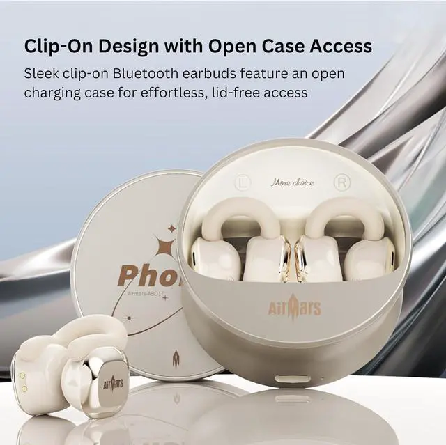 Alt view image 2 of 6 - AIRMARS Open Ear Earbuds, Bluetooth 5.4, 25Hr Battery Life, Clip-On Design, 360° Sound, Compatible with iPhone Android (Champagne Gold)