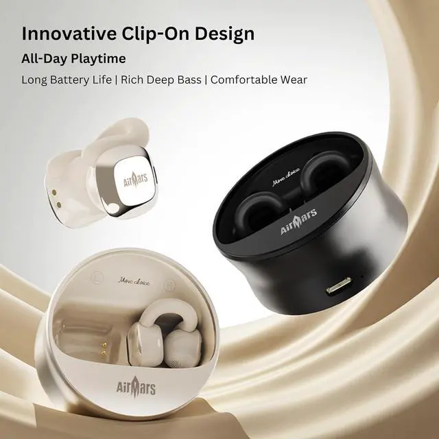Alt view image 5 of 6 - AIRMARS Open Ear Earbuds, Bluetooth 5.4, 25Hr Battery Life, Clip-On Design, 360° Sound, Compatible with iPhone Android (Champagne Gold)