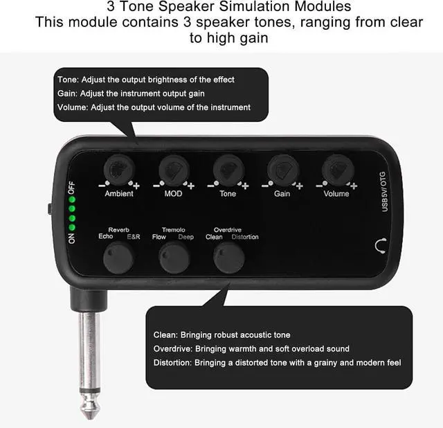 Alt view image 2 of 7 - Professional Headphone Amplifier with Multi Effects, Bass Boost, Overdrive, Distortion, Echo Reverb, Chorus Tremolo for Deep Bass Enhancement Portable Headphone Amp