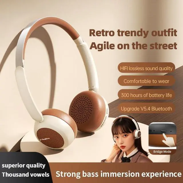 Alt view image 2 of 3 - Micool Retro On-Ear Wireless Headphones with Long Battery Life, Hi-Fi Audio Headset Bluetooth 5.4, Noise Cancelling Bluetooth Headphones with Comfortable Earpads for Travel Work Gym (White & Brown)