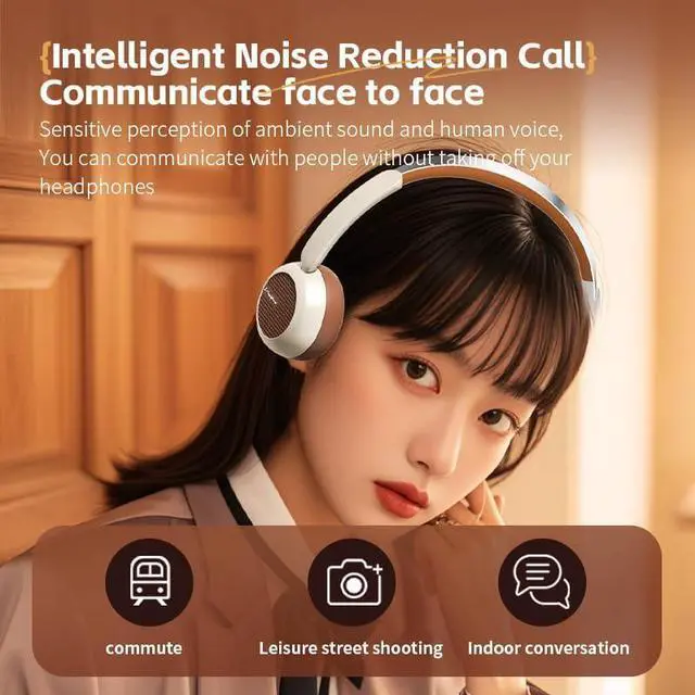 Alt view image 3 of 3 - Micool Retro On-Ear Wireless Headphones with Long Battery Life, Hi-Fi Audio Headset Bluetooth 5.4, Noise Cancelling Bluetooth Headphones with Comfortable Earpads for Travel Work Gym (White & Brown)