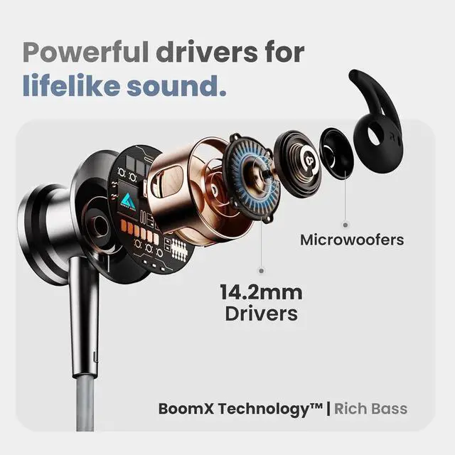 Alt view image 3 of 7 - Neckband Bluetooth Headphones,Superpowered Sound with Bluetooth 5.3 45ms Low Latency, ENC Noise Cancelling Mic,120H Playtime, 14.2mm Bass Drivers, IPX5 Sweatproof, Type-C Fast Charging, (Blue)