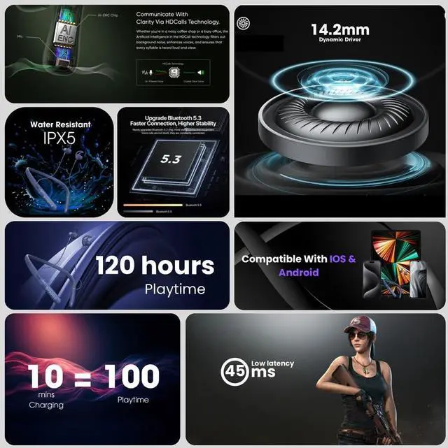 Alt view image 6 of 7 - Neckband Bluetooth Headphones,Superpowered Sound with Bluetooth 5.3 45ms Low Latency, ENC Noise Cancelling Mic,120H Playtime, 14.2mm Bass Drivers, IPX5 Sweatproof, Type-C Fast Charging, (Blue)