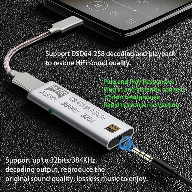 Alt view image 2 of 7 - USB C to 3.5mm Headphone Amplifier CS43198 Dongle 384KHz DSD64-258 Decoding HiFi Sound Amplifier Type C Adapter for Phone