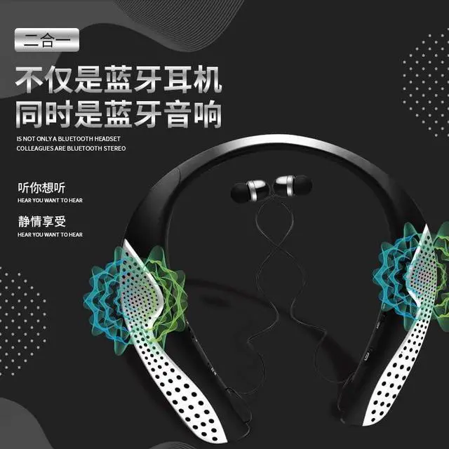 Alt view image 2 of 7 - Speaker + Bluetooth Neckband Headphones 2-in-1,Earphones Retractable Earbuds with 100H Playtime,Bilateral HiFi Stereo,Sports Waterproof Earbuds,Noise Cancelling with Mic,High Battery Life