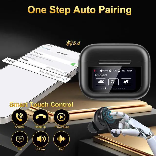 Alt view image 6 of 7 - Wireless Earbuds, Touch Screen Earphones Wireless Bluetooth 5.4 In Ear Headphones, Hifi Sound ANC Noise Canceling Earbuds, Multifunctional Ear Buds Headsets for Android IOS Gym Sports (Black)