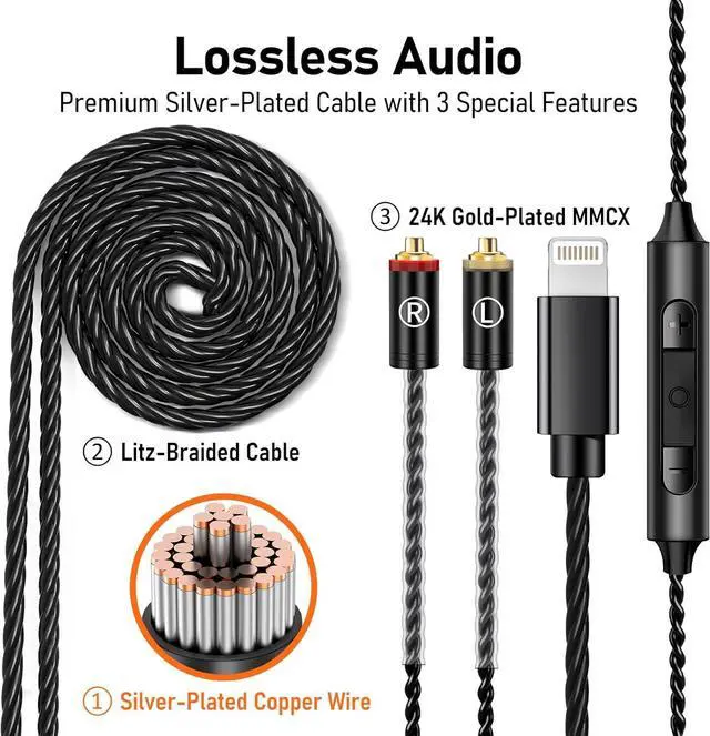 Alt view image 4 of 7 - Vibes 202ML Wired Earbuds - HiFi in Ear Headphones - Noise-Isolating Ear Buds w/ Mic - Clear Sound, Deep Bass, Comfort-Fit Earphones - MMCXLightning for iPhone 514, Silver Plated Cord, Carrying Case