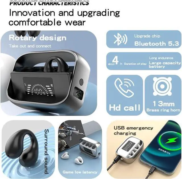 Alt view image 6 of 7 - Open Ear Bluetooth Earbuds with Ear Clips, Bluetooth 5.2 Wireless Ultra-Lightweight Clip-On Earphones, Open Air Design Headphones for Running Gym Workouts (White)