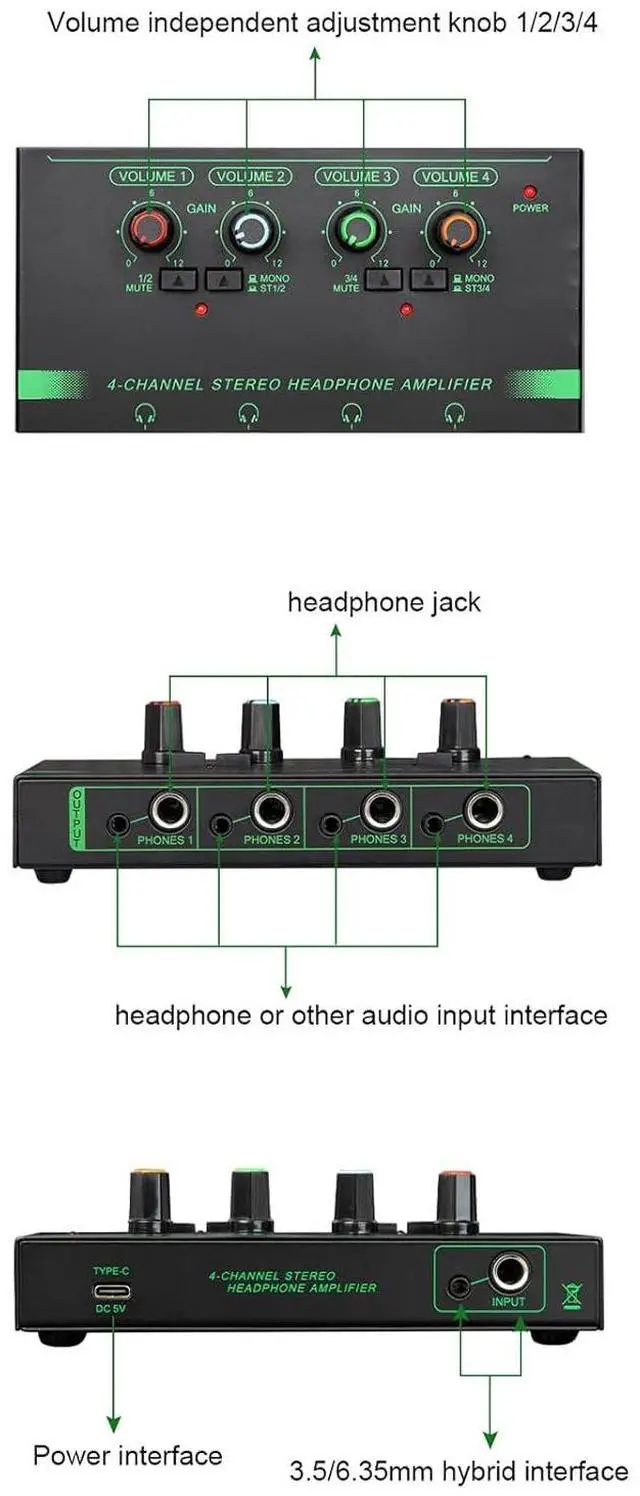 Alt view image 3 of 7 - 4/6 Channel Stereo Headphone Amplifier 4 X3.5mm 4X 6.35mm Port Output Metal Stereo Amplifier Multiple Output