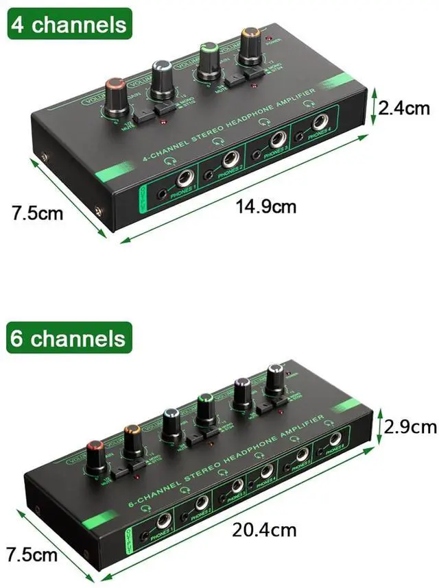 Alt view image 6 of 7 - 4/6 Channel Stereo Headphone Amplifier 4 X3.5mm 4X 6.35mm Port Output Metal Stereo Amplifier Multiple Output