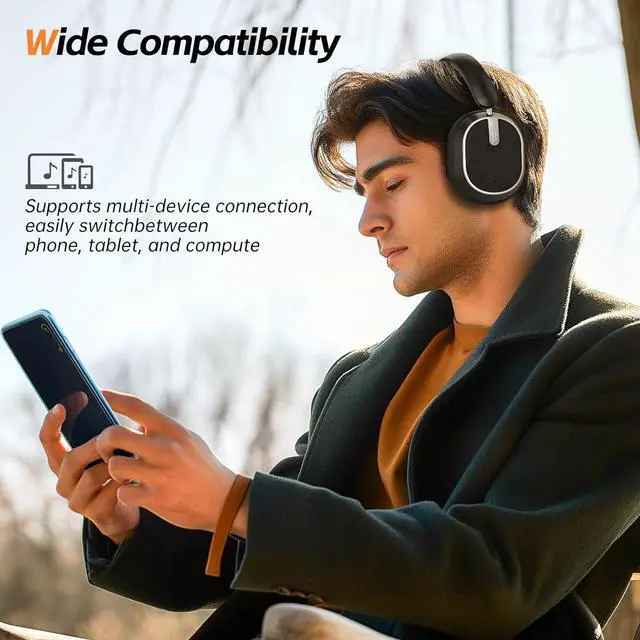 Alt view image 2 of 7 - Hybrid Active Noise Cancelling Headphones, Wireless Over Ear Bluetooth Headphones, Foldable Wireless Headset, 60H Playtime, Hi-Res Audio, Deep Bass, Memory Foam Ear Cups, Perfect for Travel & Office