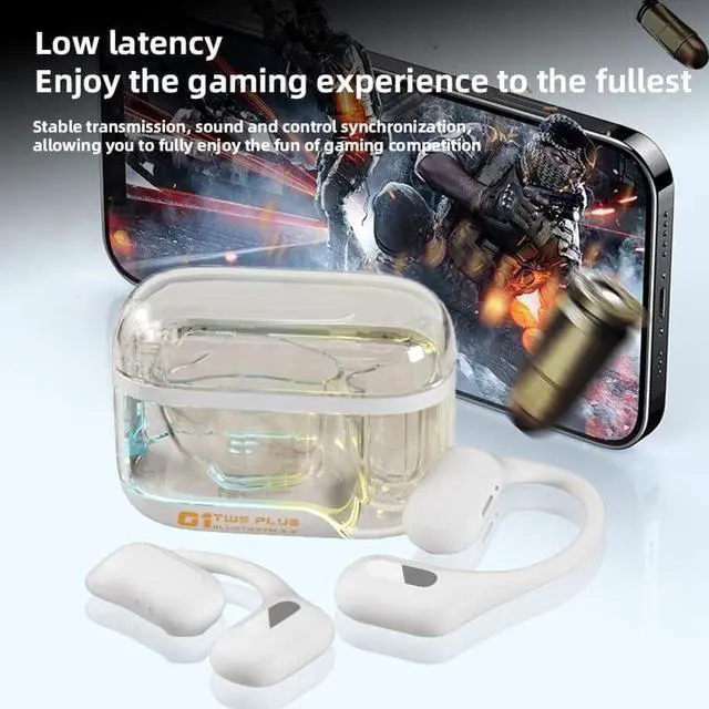 Alt view image 5 of 5 - Transparent Case Earbuds with Ear Hooks Workout Headphones Open Ear Headphones Wireless Bluetooth 5.3 Touch Control Wireless Earbuds