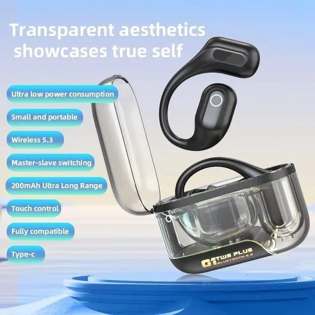 Alt view image 2 of 5 - Transparent Case Earbuds with Ear Hooks Workout Headphones Open Ear Headphones Wireless Bluetooth 5.3 Touch Control Wireless Earbuds