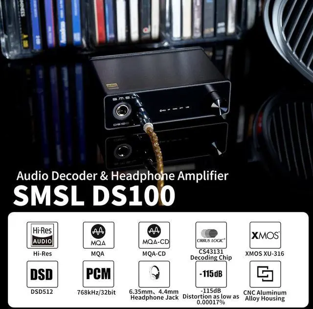 Alt view image 4 of 7 - SMSL DS100 USB DAC Surport MQA MQA-CD Decode with 6.35mm & Balanced 4.4mm Headphone Amplifier CS43131 Chip Portable DAC XU316 768kHz/32Bit DSD256 USB/Optical/Coaxial Desktop Stereo Audio DAC for PC